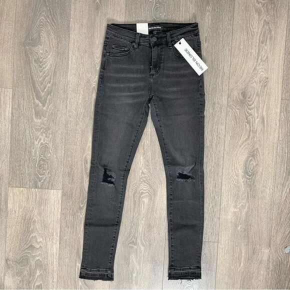 NEON BLONDE Skinny Jeans Distressed Raw hem Black Denim High rise waist Size 25 - Picture 7 of 14